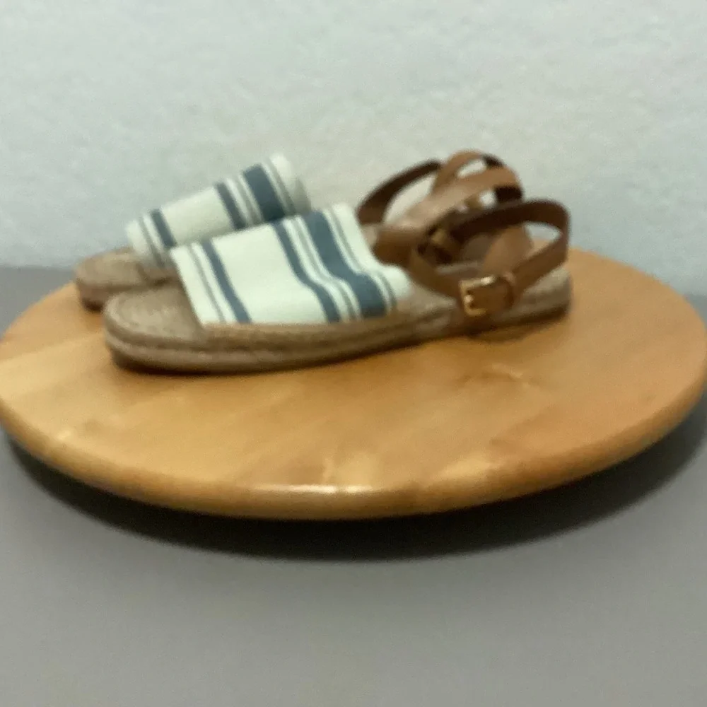 Tory Burch Striped Canvas‎ Espadrille Sandals Blue Cream Leather Ankle Strap 8